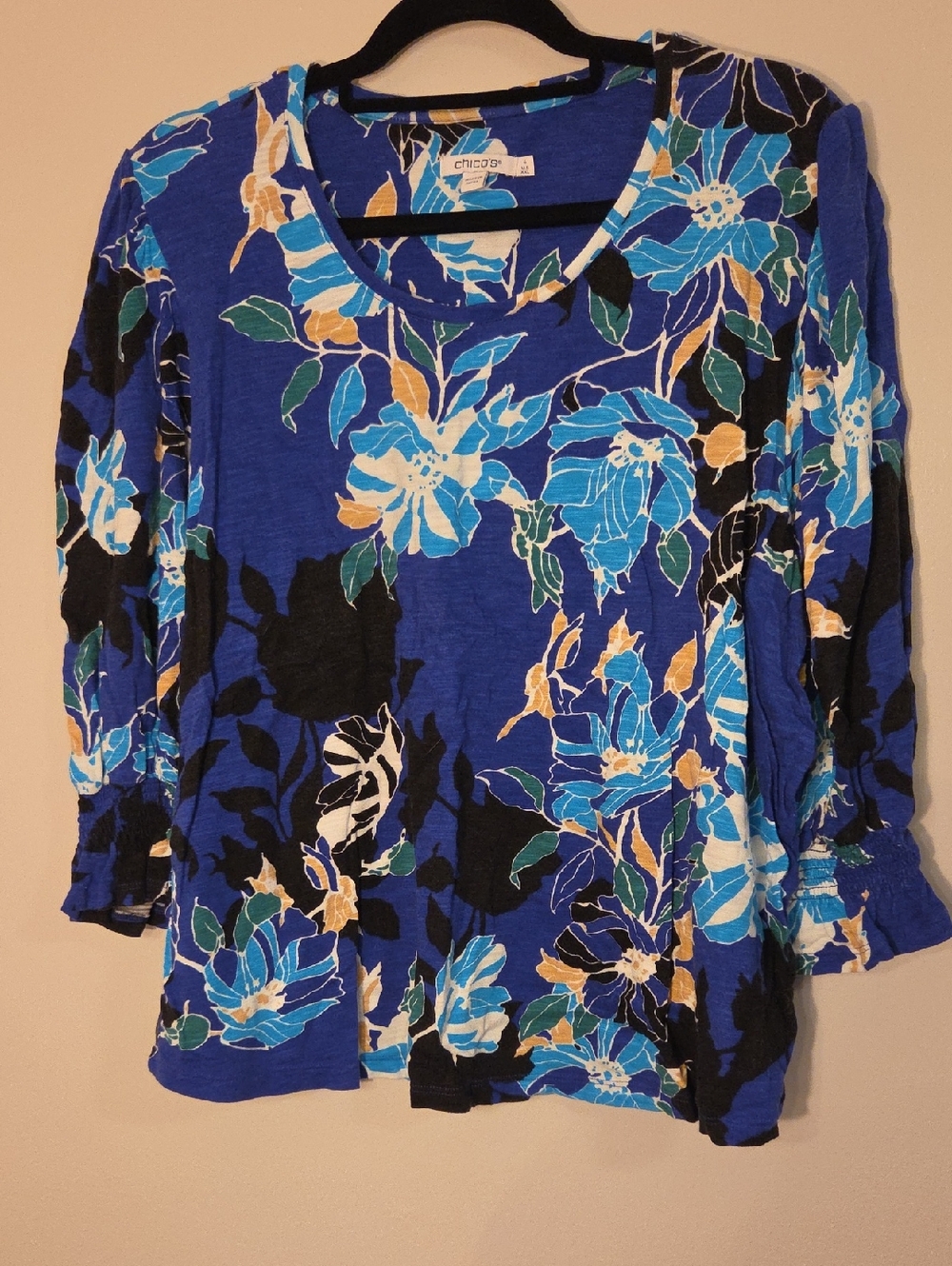 Chico's Royal Blue Floral Scoop Neck 3/4 Sleeve Top